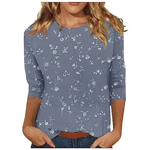 Produktbild: Bunte Oberteile Damen Y2K Damen Oberteile Shirt 3/4 Arm 3/4 Ärmel Spitzenbluse Gemusterte Tshirt Ausgefallene Tshirts Bluse Kurzarm Marine Large