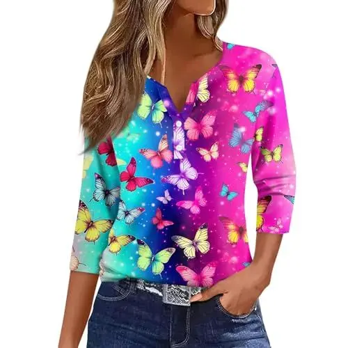 Produktbild: Damen Tshirt Elegant Shirts Damen 3/4 Arm Shirt Dreiviertelarm Damen Shirt 3/4 Arm Damen Langarm Bluse Mit Blumenmuster Tshirt Kurze äRmel FüR DamenPink 3XL