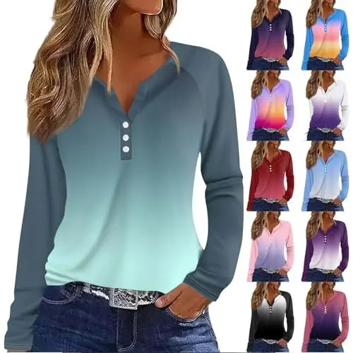 Produktbild: Damen Tshirt Lässiges Drucken/Farbverlaufs Tops T-Shirt Freizeit Lockere Bequeme Langzarm Tops mit V-Ausschnitt Sommer Herbst Mode Basic Shirts Oberteile