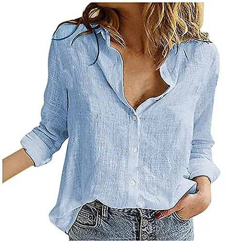 Produktbild: HOOUDO Sale Angebote Mode Frauen lockeren Leinen solides Revers Lange Ärmeln T-Shirt Blusenoberteile Top Damen Set Bluse Hemden Top Damen Grüne Peplum Top Damen Basic Shirt FES Mein Bestellung Sale