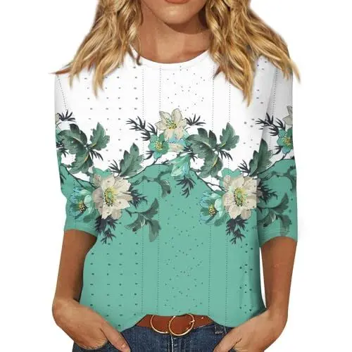 Produktbild: Damen Tunika Damenoberteile mit Kordelzug Tshirt Damen mit Aufdruck Tunika Damen Sommer Longshirt Sunflower Tshirt Batik Shirt Damen-Pullover-T-Shirt mit Rundhalsausschnitt Grün 4XL