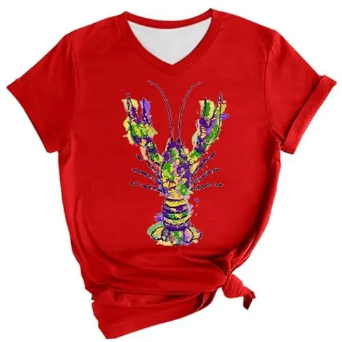 Produktbild: Damen Tunikabluse mit Plissierung und Blumenmuster Satin Oberteil Damen Damen-Karnevalskrebs-Druck-V-Ausschnitt-Shirt Damen-Pullover-T-Shirt (Red XXXXXL)