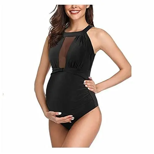 Produktbild: Damen Umstands-Badeanzug -Badestrand-Anzüge Solide Neckholder-Bikini-Badebekleidung Umstands-Schwangerschafts-Badebekleidung Badeanzüge Damen Gr. 44 (Black, L)