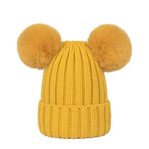 Produktbild: Damen Unisex Mütze Strickmütze Fellbommel Bommel Strick Mütze Winter-Mütze Bommelmütze mit 2 Bommeln (Ingwer gelb,M: 36-60cm)