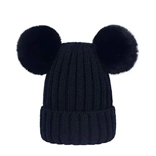 Produktbild: Damen Unisex Mütze Strickmütze Fellbommel Bommel Strick Mütze Winter-Mütze Bommelmütze mit 2 Bommeln (Schwarz,M: 36-60cm)
