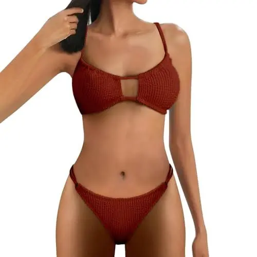 Produktbild: Damen Up Bauchweg Badeanzug Bikinioberteile FüR Einfarbig hoch taillierte Beachwear Schwimmen Bikini Bademode Sexy Damen Badeanzug Streifen Bademode Badeanzug Damen Mit Bein Badeanzug (Coffee, L)