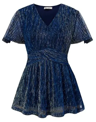 Produktbild: Damen Glitzer Festliche Oberteile V-Ausschnitt Sexy Bluse A-Linie Rüschen Saum Shirt Leichte Herbst Tops Cocktail Partz Dunkelblau XXL