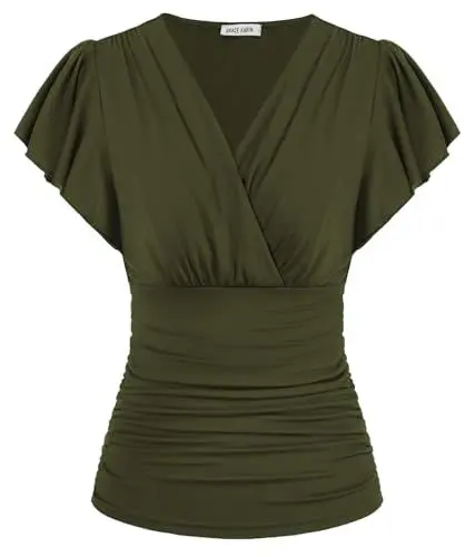 Produktbild: Damen V-Ausschnitt Chiffon Bluse Flatterärmel Plissee-Tops Tunika Slim Fitted Leicht Oberteile Elegant L Armeegrün