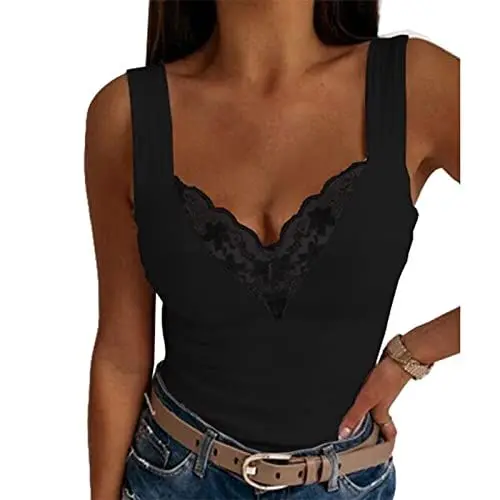 Produktbild: Damen V Ausschnitt Tank Top Tunika Elegant Bluse mit Spitze Damen Ärmellos Tank Tops Sommer Strand Vest Bluse(M-Schwarz)