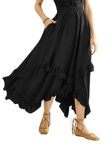 Produktbild: Damen Ren Faire Medival Skirt Rockabilly Flowy Swing Peasant Long Skirt Schwarz S