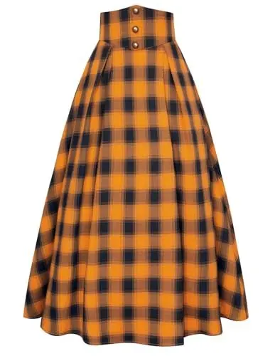 Produktbild: Damen Viktorianische Maxirock Retro Kariert Rock Elastische Hohe Taille Hexenrock Schwarz Orange Plaid L