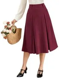 Produktbild: Damen Vintage A Linie Cordrock Midi Hohe Taille Trachtenrock Rockabilly Pleated Skirt Rot XL