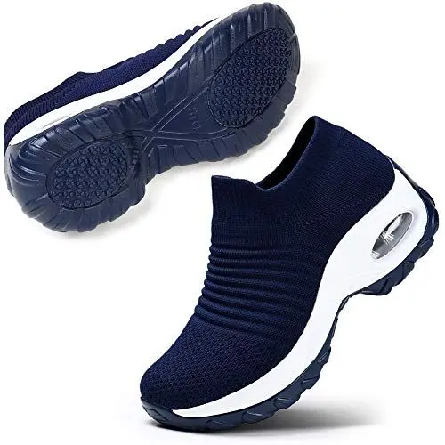 Produktbild: Damen Wanderschuhe Slip-on Lightweight Mesh Sneakers Atmungsaktiv Tennis Bequeme Plateauschuhe Dunkelblau 39 EU