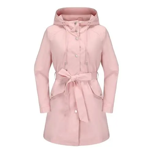 Produktbild: Damen Wasserdichte Windjacke Sportarten Mit Kapuze, Lässige Leichte Windjacke, Modischer Einfarbiger Langarm Übergangsjacke Mit Weitem Schnitt Und Regenmantel Mit Gürtel