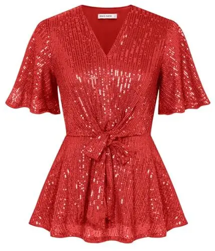Produktbild: Damen V-Ausschnitt Bluse Festival Oberteile Elegant A-Linie Bluse 1970er Pailletten Glitzer Tops mit Gürtel Ballparty Rot XXL