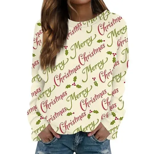 Produktbild: Damen Weihnachtspulli Weihnachten Lustige Weihnachtspullover Damen Oversized Weihnachten Shirt Karobluse Damen Damen Zip Hoodie Pullover Damen Weihnachtsmann Hemd mit Kapuze Beige S