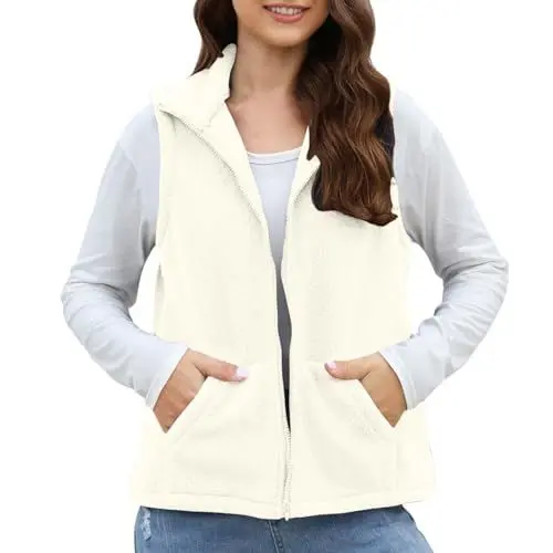 Produktbild: Damen Weste Ärmellose Jacke Leicht Fleeceweste Damen Reissverschluss Teddy Weste Frauen Mit Taschen Damenweste Outdoor Westen Weich Tops Rollkragen Westen Winter Lässig Weste Warme Flauschig