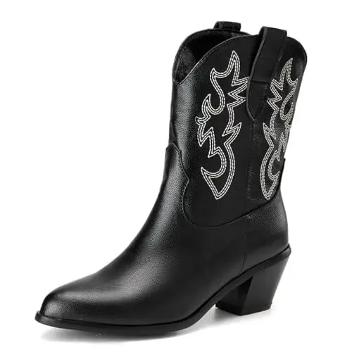 Produktbild: Damen Western Cowboystiefel with Embroidered Mode Retro Klassischer Basic Mid Calf Wide Calf Cowgirl Stiefel für Frauen Mädchen Damen Schwarz Große 34