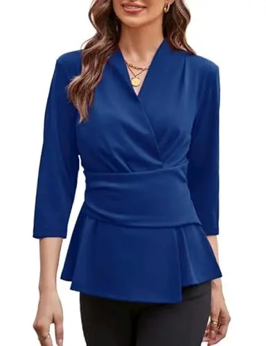 Produktbild: GRACE KARIN Damen Wickel V-Ausschnitt Hemd Elegant 3/4 Ärmel A-Linie Arbeits Tops Oberteile Casual T-Shirts Königsblau S