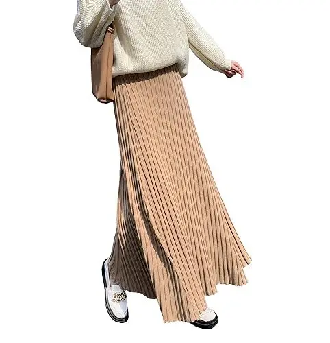 Produktbild: Damen Winter Maxi Strickrock Eleganter A-Linien Rock Elastische Hohe Taille Lang Faltenrock Glockenrock (Khaki 1)