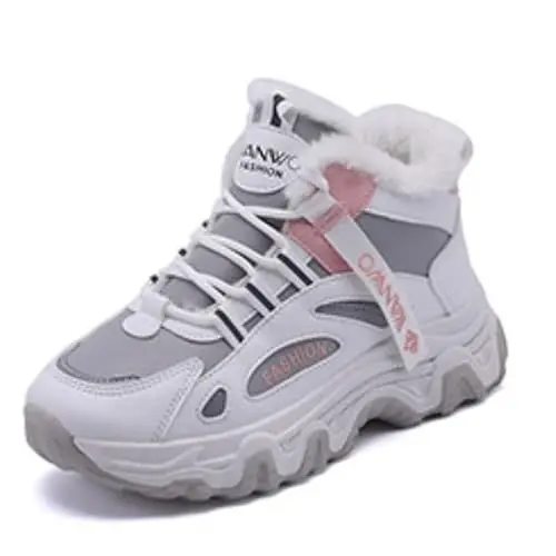 Produktbild: Damen Winter Plüsch Innen Bequeme High-Top Sportschuhe，Chunky Turnschuhe für Damen, modische Plateau-Lässige Schuhe, Bequeme Keilabsatz Sneaker Beiläufig Schnüren Sport Papa Schuhe (Weiß Grau,39)