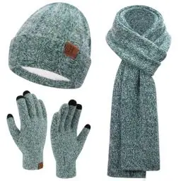 Produktbild: Damen Winter Warm Beanie Mütze Touchscreen Handschuhe und Lang Schal Set mit Fleece Gefütterte, Thermo Wintermütze Strickmütze Schals Winterhandschuhe Strickhandschuhe Frauen Geschenk, Dunkelgrün