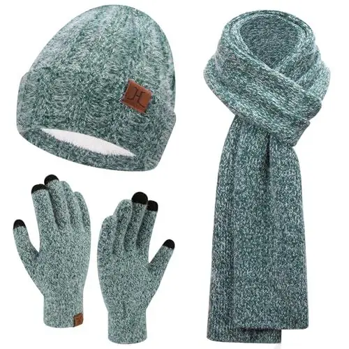 Produktbild: Damen Winter Warm Beanie Mütze Touchscreen Handschuhe und Lang Schal Set mit Fleece Gefütterte, Thermo Wintermütze Strickmütze Schals Winterhandschuhe Strickhandschuhe Frauen Geschenk, Dunkelgrün