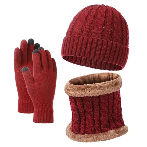 Produktbild: Damen Winter Warm Mütze Frauen Thermo Winddicht Fleece Gefütterte Loop Outdoor Sport Gestrickte Winter Geschenk Mütze, Schal & Handschuh-Sets für Damen