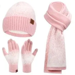Produktbild: Damen Winter Warm Mütze Touchscreen Handschuhe und Lang Schal Set mit Fleece Gefütterte, Thermo Wintermütze Strickmütze Beanie Winterhandschuhe Strickhandschuhe Schals, Rosa Weiß