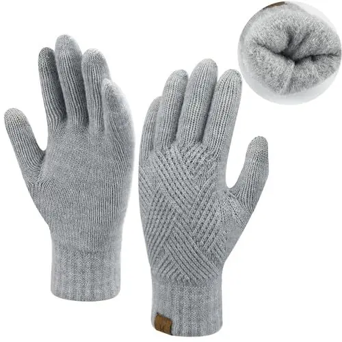 Produktbild: Damen Winter Warm Touchscreen Handschuhe Thermo Gestrickte Winterhandschuhe Doppellagige Strickhandschuhe mit Fleece Gefütterte Frauen Geschenk, Hellgrau