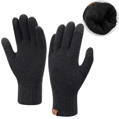 Produktbild: Damen Winter Warm Touchscreen Handschuhe Thermo Gestrickte Winterhandschuhe Doppellagige Strickhandschuhe mit Fleece Gefütterte Frauen Geschenk, Schwarz