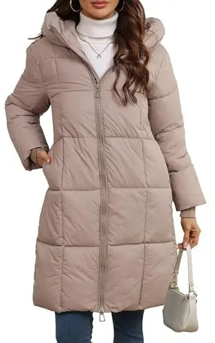Produktbild: Damen Winterjacke Damen Dicken Lange Outwear Mantel Leichter Full Zip Puffer Gepolsterte Mantel Jacke Baggy Schnee Daunenjacken Mantel Khaki XL