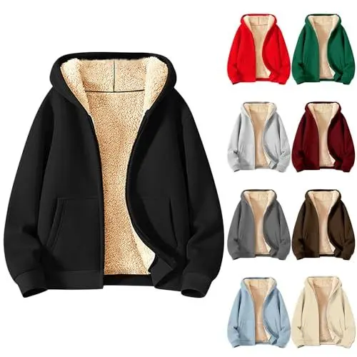 Produktbild: Damen Winterjacke Warm Fleecejacke Winter Sweatjacke mit Kapuze Elegant Einfarbig Übergangsjacke Große Größen Kapuzenpullover mit Taschen Lässige Wintermantel mit ReißVerschluss Plüschjacke