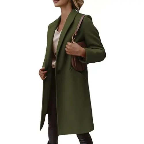 Produktbild: Damen Wintermantel Warm Trenchcoat Langarm Revers Wollmantel Zweireiher Lang Mantel Winddichter Jacke Cardigan Einfarbig Casual Winterjacke Slim Fit Windjacke Übergangsmantel mit Taschen Army Green L