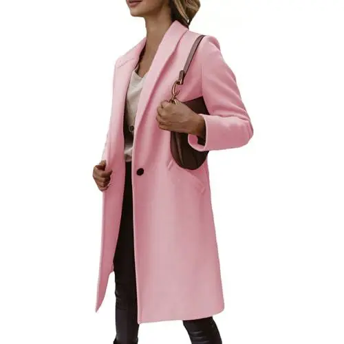 Produktbild: Damen Wintermantel Warm Trenchcoat Langarm Revers Wollmantel Zweireiher Lang Mantel Winddichter Jacke Cardigan Einfarbig Casual Winterjacke Slim Fit Windjacke Übergangsmantel mit Taschen Pink S