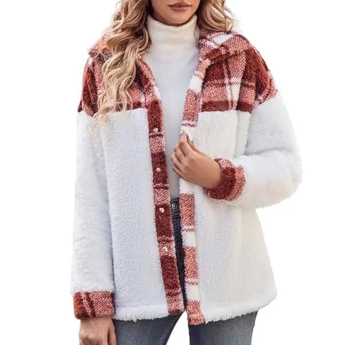 Produktbild: Damen Wintermantel Warme Plüschjacke Mit Kapuze Up Button Cardigan Trendy Plaid Fuzzy Oberbekleidung Kleidungfestliche Jacke Weste Damen Sommer Herbstjacke Damen Elegant 80Er Damen Kostüm Sommer