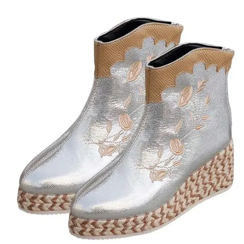Produktbild: Damen Winterschuhe GefüTtert Gothic Stiefel Damen Fashion Dicke Unterseite Blockabsatz Damenstiefel Atmungsaktive Mode Rundkopf Blockabsatz Damenschuhe Barfuß Schuhe Winter Damen Beige (Silver, 38)