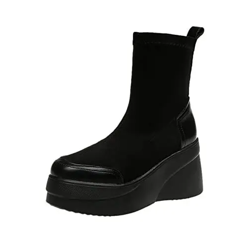 Produktbild: Damen Winterstiefel Gothic Boots Damen Boots Damen britischer Stil einfarbig Flock Plattform Keilabsatz modische Kurze Stiefel Stiefel Herren 42 Line Dance Schuhe Damen Stiefel (Black, 38)