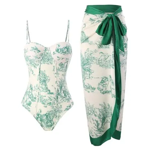 Produktbild: Damen Zweiteiler Badeanzug mit Wickelrock Elegant Blumen Gedruckt neue engel und schlanke Retro-Strand-Sonnencreme-Langrock-Set aus zwei heißen Frühlings-Badeanzügen Strand-Outfit, Sommer Grün,M