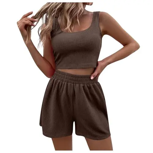 Produktbild: Damen Zweiteiler Sommer Hosenanzug Elegant Outfits Kleidung 2 Teiler Set Crop Tank Top + Shorts Y2k Aesthetic Clothes Workout Sport Anzug