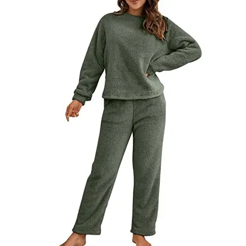 Produktbild: Damen Zweiteiler Top Hose Nachtwäsche Anzug Farbe Langarm Winter Pullover Stricksets Billige Trainingsanzüge (Green, M)