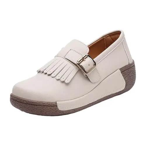 Produktbild: Damen 𝗟eder 𝐏enny Loafer Keil Slip-On Tassel Dekor verstellbare Schnalle Metallgurt Mokasin Komfortables Casual Kleid im Freien Boot-Schuhe für Büro Arbeitsgeschäft Damenschuhe (Beige, 37)
