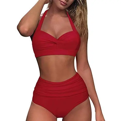 Produktbild: Damen einfarbig Bikini Set High Waist Schwimmanzug mit Triangel Zweiteiliger Badeanzug Sommer Trendy Sexy Bikini Zweiteilige Bademode Sommermode Swimsuit S-XXL #01_Rot,L