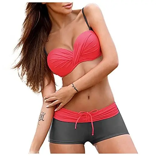 Produktbild: Damen einfarbiger Zweiteiliger Badeanzug,sexy Triangel-Cups Badeanzug Neckholder Schnürung Bikini Set Low-Rise-String-Triangel-Tanga Spaghettiträgern Bademode Wassermelonenrot,L