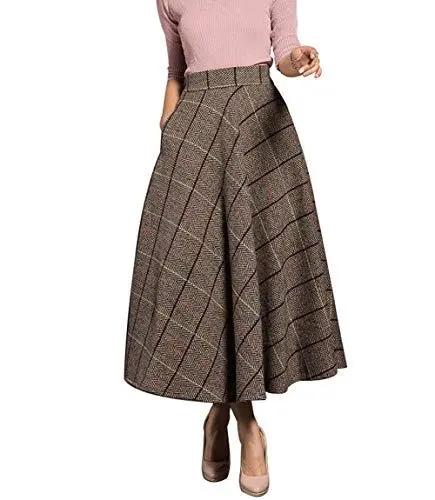 Produktbild: Damen für Winterrock Karierter Wolle Röcke Elastische Faltenrock Lang Glockenrock (S, Off-White)