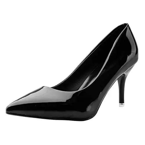 Produktbild: Damen mittlere Ferse Spitze Hof Schuhe Elegante Stilettos mittlere Ferse Hochzeitsschuhe Tanzabsatz Lackleder High Heels
