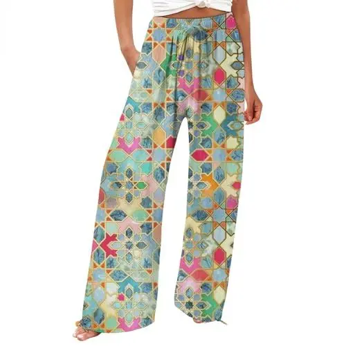 Produktbild: Damen 𝐒ommerkleidung Lässige und modische Strandhose für Damen mit weitem Bein, elastischer Taille und Taschen mit Blumenmuster Viskose-Hose FüR Damen (Green, XL)