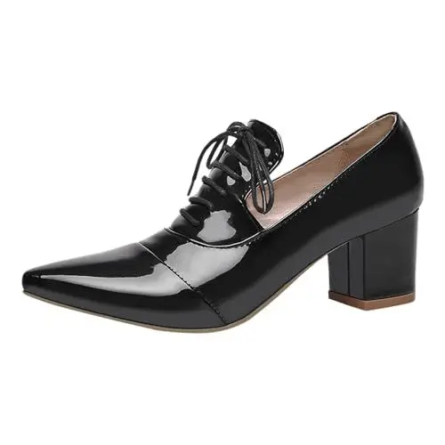 Produktbild: Damen spitzem Absatz niedrigem Blockabsatz Lederschuhe,Einfarbige Pumps mit Blockabsatz Perfekt für täglich Party Dating Büro Frühling Sommer große Lackleder Damenschuhe Schwarz,40.5