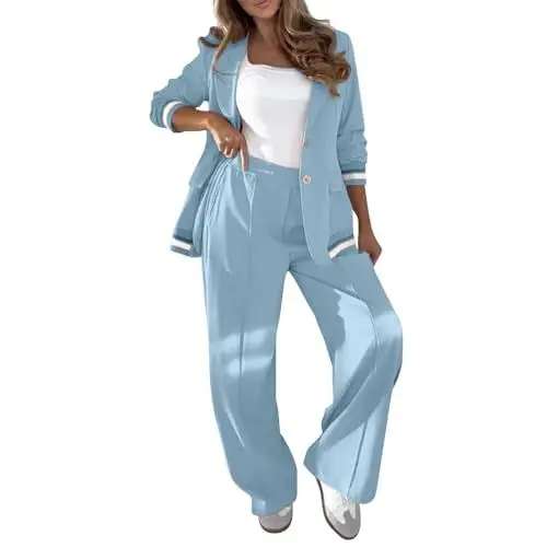 Produktbild: damen kleider elegant festlich,Hosenanzug Zweiteiler Damen Elegant 2 Teilig Business Anzuge Set Sportlich Outfit Einfarbig Blazer Hose Festlich Hosenanzüge Streetwear Trainingsanzüge,Hellblau XXL