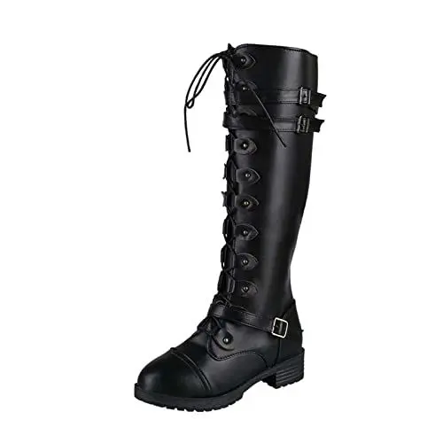 Produktbild: damen sneaker winter 2024 Fallen Damen Stiefel Europäische und amerikanische Frauen dicke Absätze, Gürtel Schnalle hohe Stiefel Ritter Stiefel, Einfarbige Schnürstiefel P-32 Black 37.5